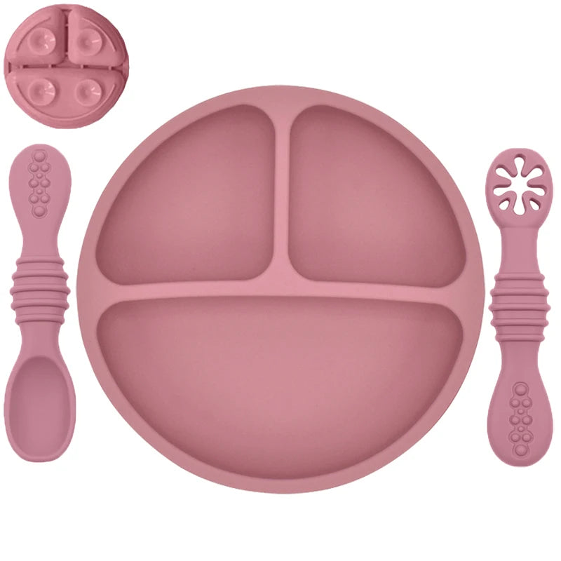 Ensemble en silicone pour enfants : assiette, cuillère à riz et bol avec ventouse et design amusant