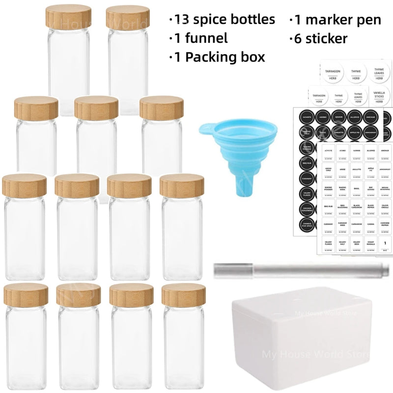 Kit 12 Potes de Temperos de Vidro com Tampa de Bambu e Etiquetas – 120ML