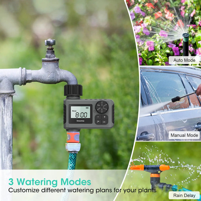 Minuterie d'arrosage automatique LCD INSOMA | Programmateur étanche IPX5 | 3 modes d'arrosage | Pour jardin, serre, goutte à goutte, pelouse
