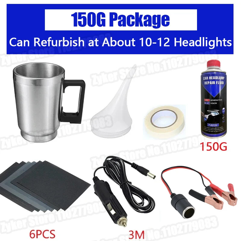 Car Headlight Restoration Kit with Chemical Polishing – Automotive Tool with Repair Fluid and Accessories