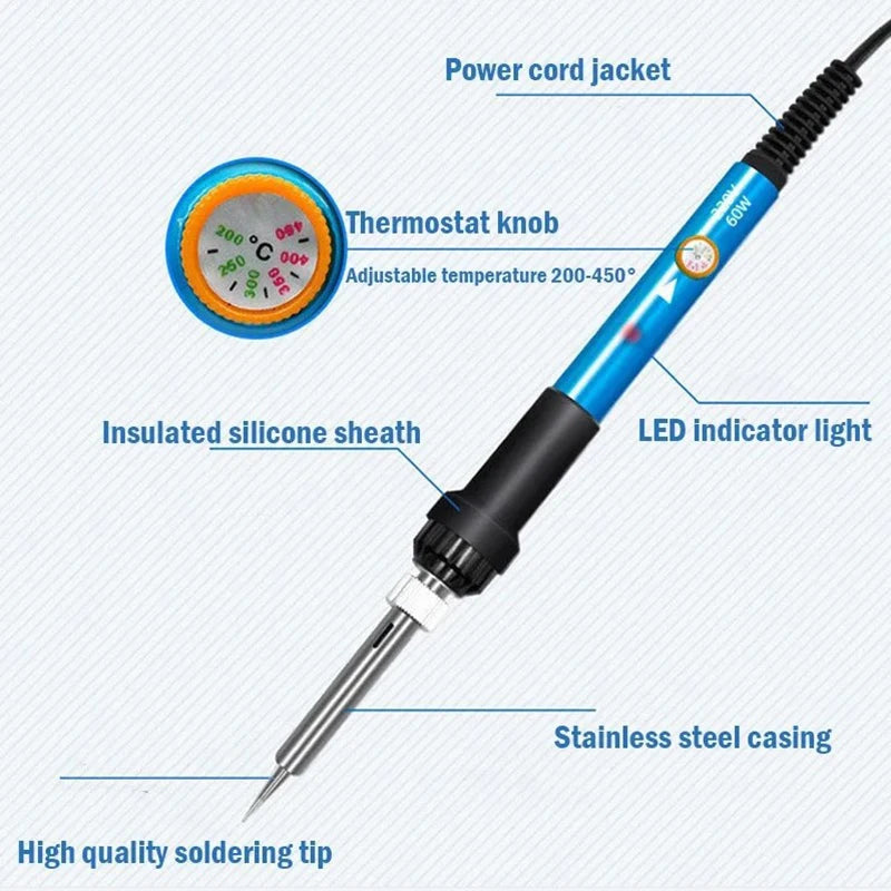 Ferro de Solda Elétrico 60W com Temperatura Ajustável – Ferramenta de Reparo Profissional (Verifique a Tensão Local)
