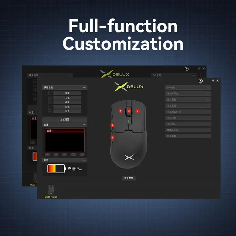 Souris de jeu Delux M900Pro | 8000 Hz | Capteur PAW3395 | Sans fil | 63 g ultra léger | Station d'accueil magnétique | RGB ergonomique pour main droite | Joueur sur PC