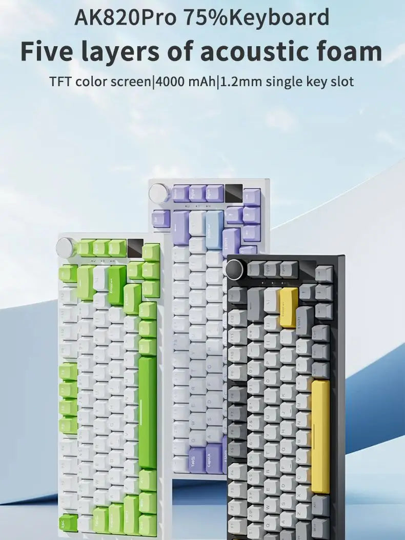 AJAZZ AK820 Pro Mechanical Gaming Keyboard | TFT Screen + Multifunctional Button | RGB | 2.4GHz, Bluetooth and USB Connection | Ideal for PC, Games and Office