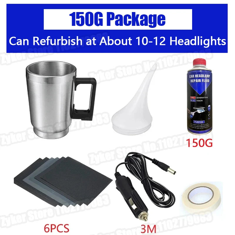 Car Headlight Restoration Kit with Chemical Polishing – Automotive Tool with Repair Fluid and Accessories