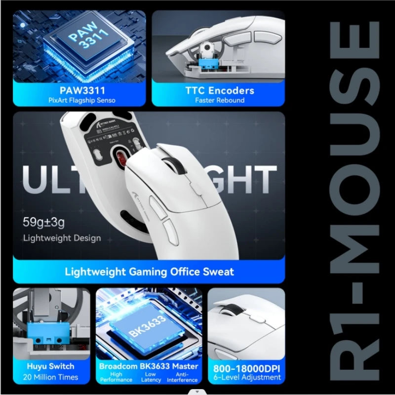 Attack Shark R1 – Mouse Gamer Profissional 18000 DPI, Sensor PAW3311, 1000Hz, Conexão Bluetooth/2.4G/USB, Macros Avançados