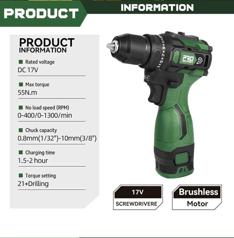 Furadeira Elétrica Sem Fio 17V Prostormer, 55Nm, Brushless, Bateria Li-ion, Mini Parafusadeira com 5 Bits
