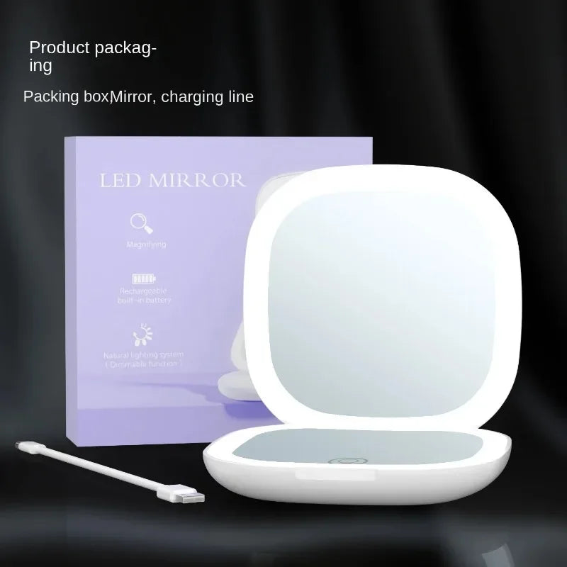 Espelho de Maquiagem de Bolso com LED e Aumento 2X | Compacto, Portátil, Dobrável | Para Bolsa, Viagens e Presentes Femininos