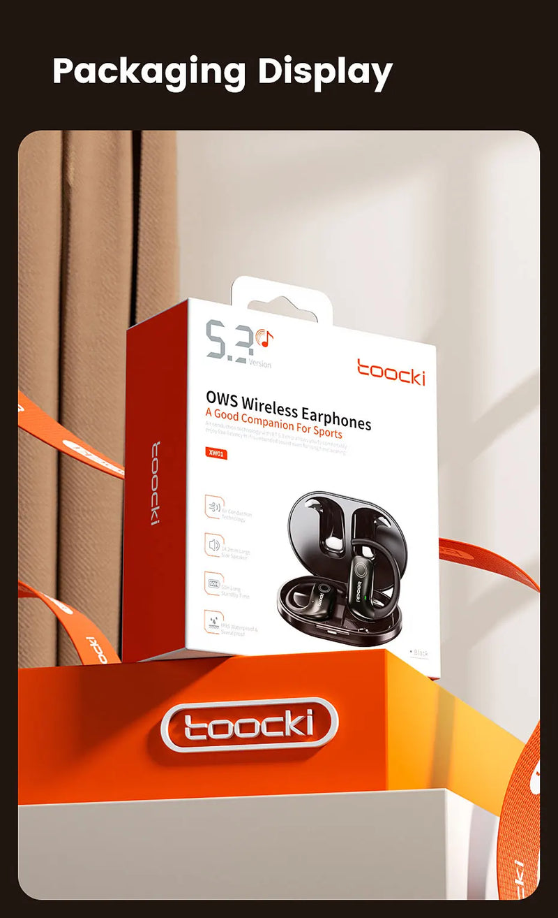Fone de Ouvido Esportivo Toocki EJ11 | Bluetooth 5.3 | Aberto com Ganchos | IPX5 | Longa Duração | Ideal para Corrida e Treino