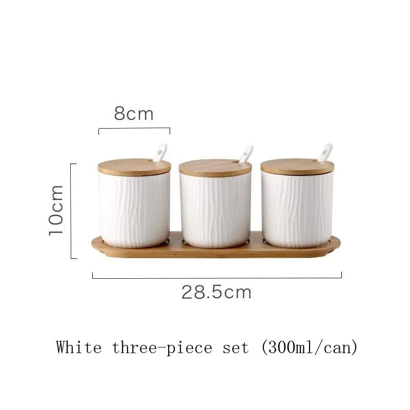 Conjunto Frasco de Temperos de Cerâmica com Tampa de Bambu e Colher – Design Nórdico 300ML