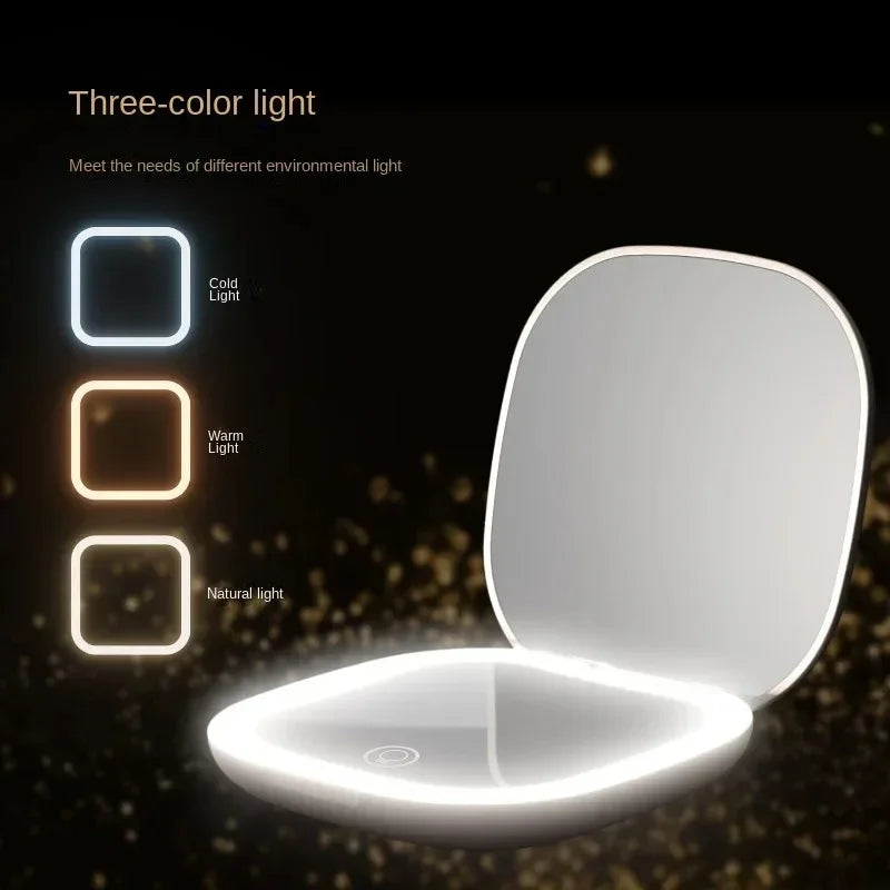 Espelho de Maquiagem de Bolso com LED e Aumento 2X | Compacto, Portátil, Dobrável | Para Bolsa, Viagens e Presentes Femininos