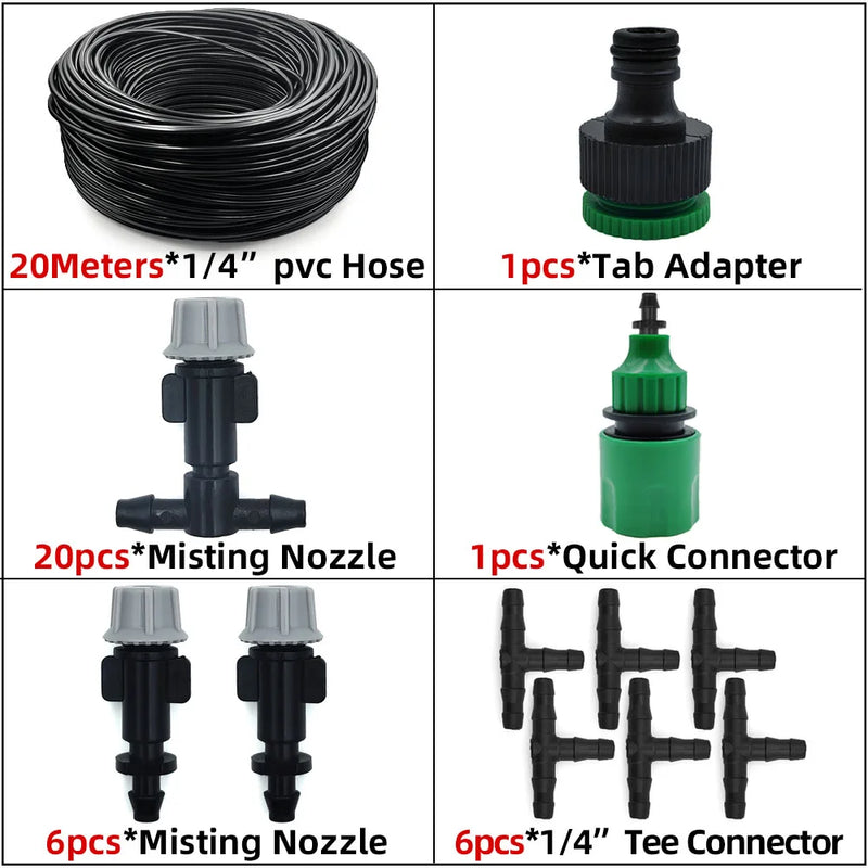 Sistema de Nebulização para Jardim 5–30m | Mangueira 1/4", Bicos de Bronze, Refrigeração e Irrigação para Estufas, Pátios e Áreas Externas