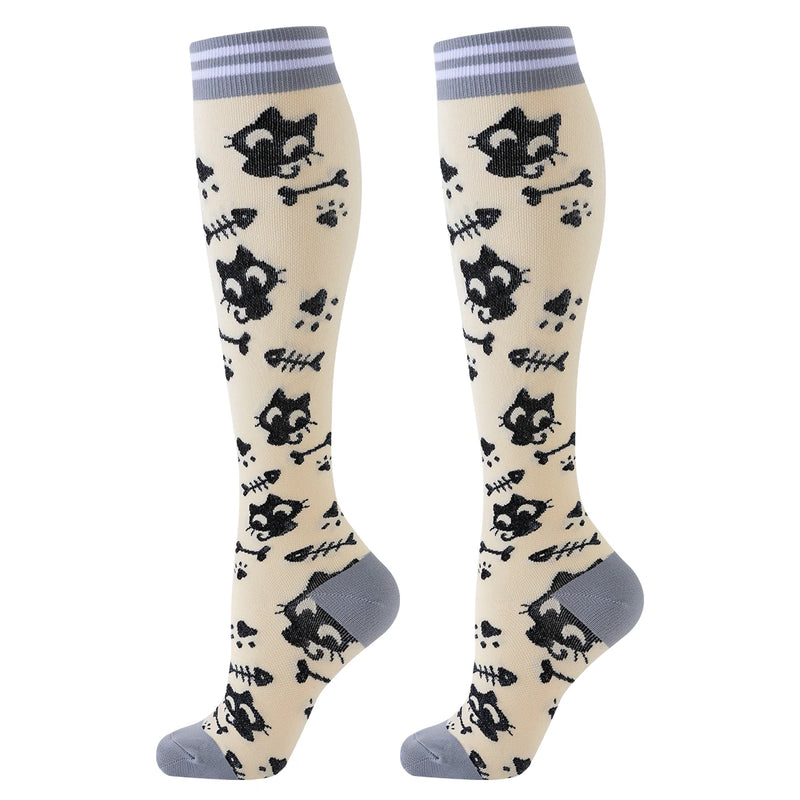 5 Pares de Meias de Compressão Unissex Estampa de Gato – Alta Compressão para Esporte, Viagem, Enfermagem e Uso Diário