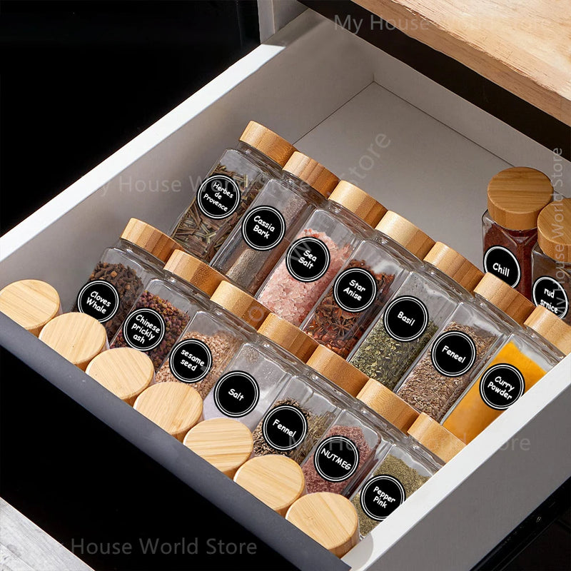 Kit 12 Potes de Temperos de Vidro com Tampa de Bambu e Etiquetas – 120ML
