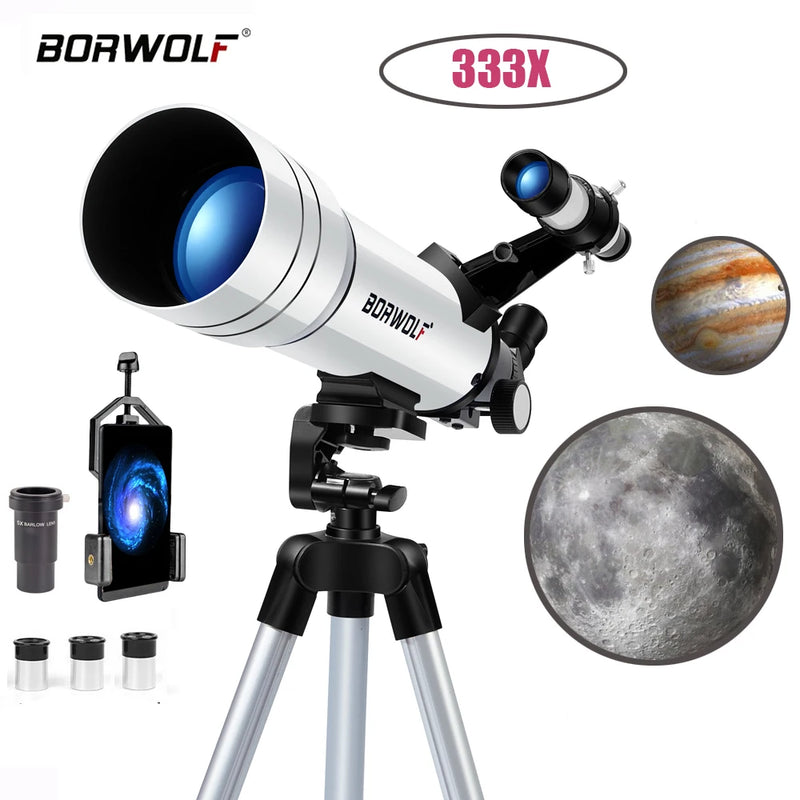 Telescópio Astronômico Profissional BORWOLF 70400 333X Alta Definição para Observação da Lua, Estrelas e Aves – Monocular