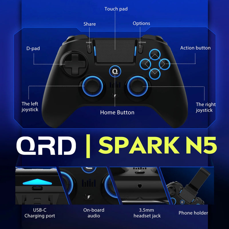 Controle Gamer QRD Spark N5 | Efeito Hall | LED RGB 9 Cores | Vibração Avançada | Compatível com PS5, PS4, PS3, PC, Android, iOS | Sem Fio