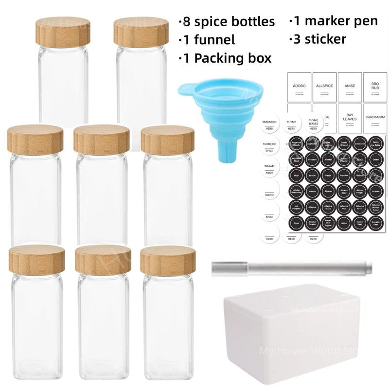 Kit 12 Potes de Temperos de Vidro com Tampa de Bambu e Etiquetas – 120ML