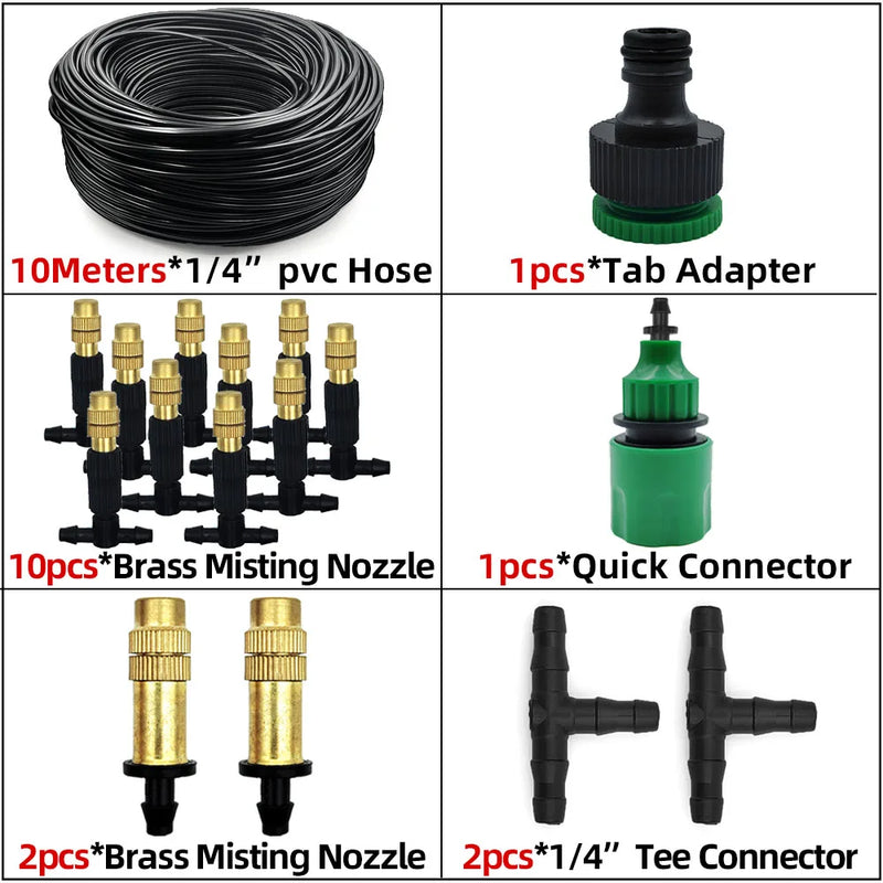 Sistema de Nebulização para Jardim 5–30m | Mangueira 1/4", Bicos de Bronze, Refrigeração e Irrigação para Estufas, Pátios e Áreas Externas