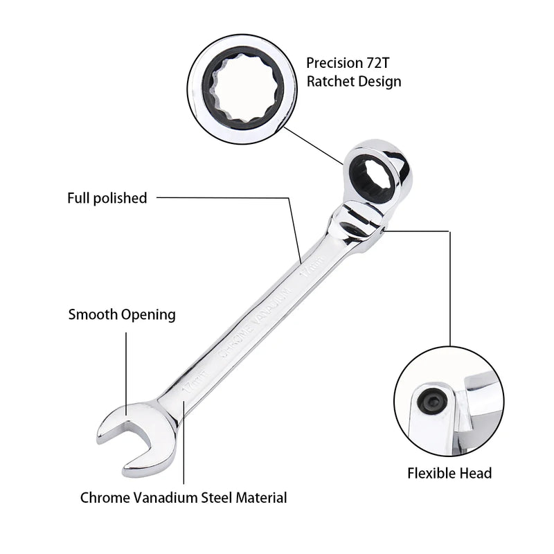 Chave de Catraca 72 Dentes com Cabeça Flexível, 6mm a 27mm, Ferramenta Manual de Alta Precisão para Reparo Automotivo e Doméstico, 1 Peça