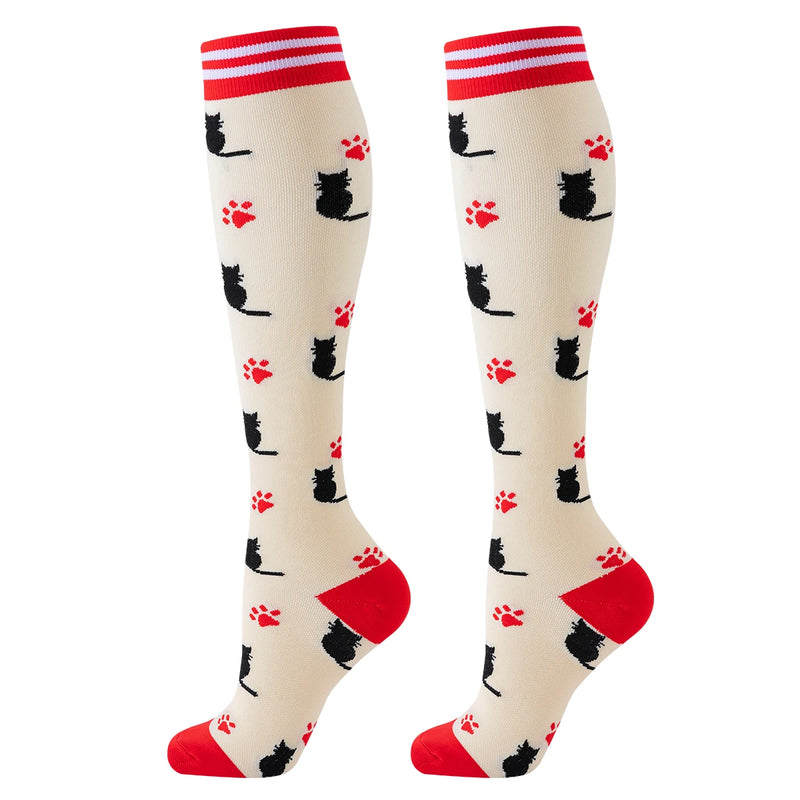 5 Pares de Meias de Compressão Unissex Estampa de Gato – Alta Compressão para Esporte, Viagem, Enfermagem e Uso Diário