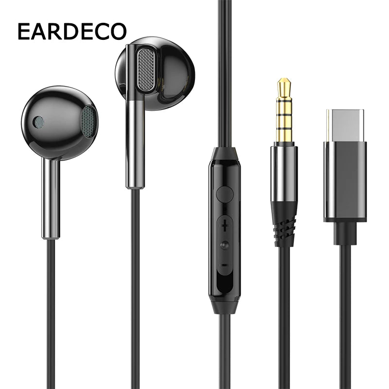Fone Eardeco com Fio | Tipo-C ou 3.5mm | Microfone | Grave Potente | Hi-Fi Estéreo | Cancelamento de Ruído | Para Android, PC e Mais
