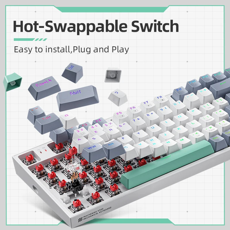 Teclado Mecânico Machenike K500 com Fio – 94 Teclas, Hot Swappable, Iluminação RGB, Compatível com Windows e Mac