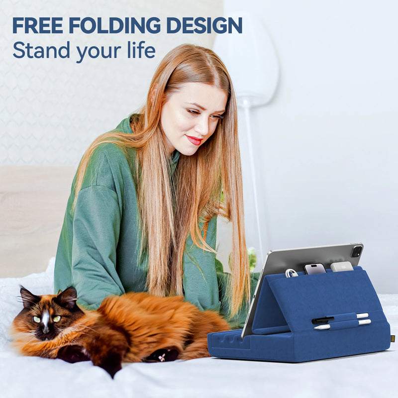 KDD Suporte Almofada para Tablet: Base Dobrável para iPad Pro, Tablets e eReaders - Dock Macio para Colo, Cama e Mesa com Bolso de Armazenamento e Suporte para Caneta Stylus