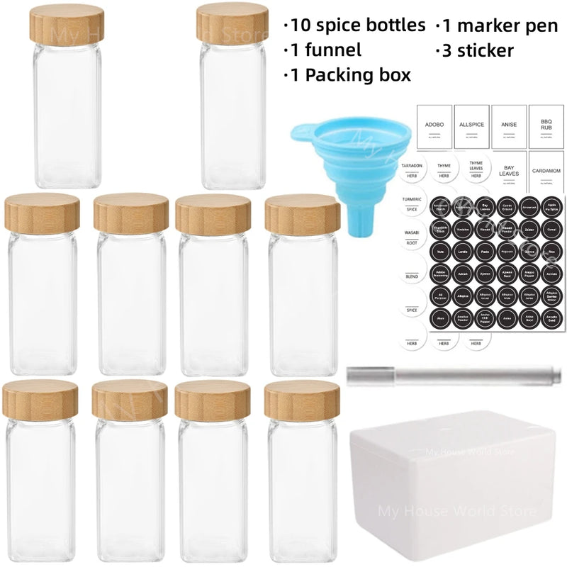 Kit 12 Potes de Temperos de Vidro com Tampa de Bambu e Etiquetas – 120ML