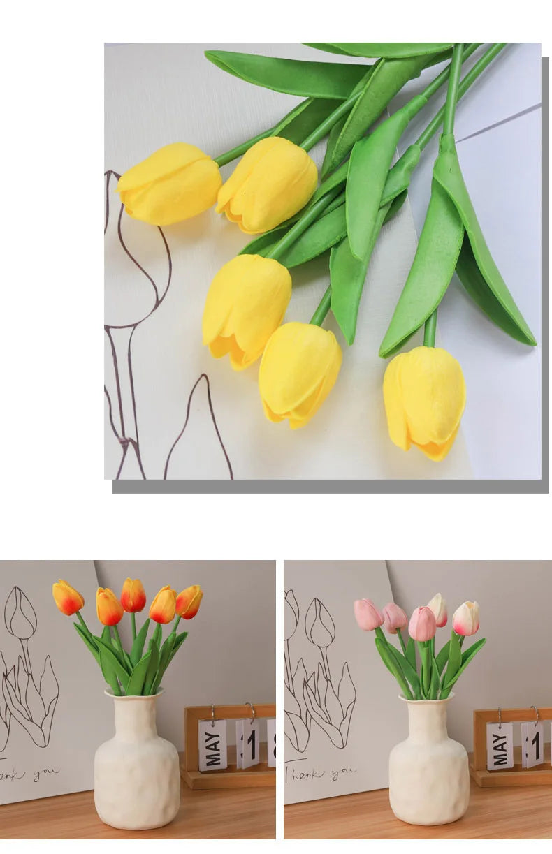 Buquê de Tulipas Artificiais em Silicone PU – 3 a 20 Peças, 34cm, Decoração de Casamento, Casa e Eventos
