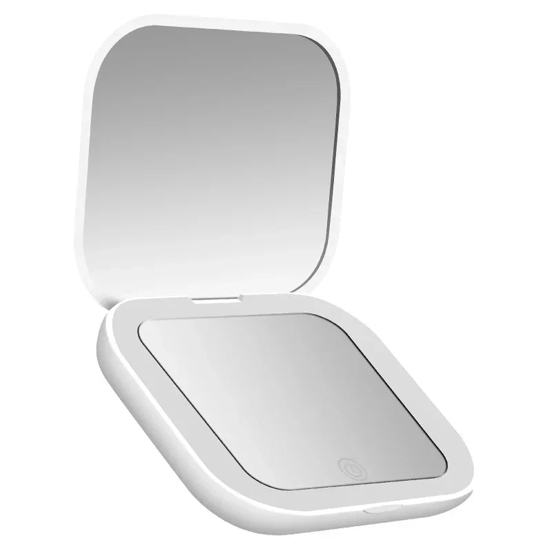 Espelho de Maquiagem de Bolso com LED e Aumento 2X | Compacto, Portátil, Dobrável | Para Bolsa, Viagens e Presentes Femininos