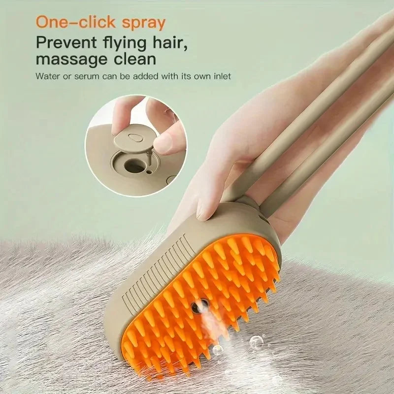 Escova Massageadora com Spray para Gatos e Cães – Spray com Um Botão, Dobrável, Rotativa, Remoção de Pelos Flutuantes, para Banho e Escovação