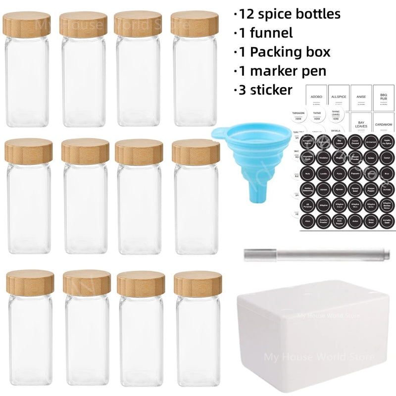 Kit 12 Potes de Temperos de Vidro com Tampa de Bambu e Etiquetas – 120ML