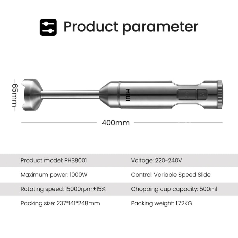 Batedeira Elétrica Portátil 4 em 1 MIUI 1000W Turbo Inox – Mixer, Processador, Copo 700ml, Batedor – 14 Velocidades – Trava de Segurança Infantil