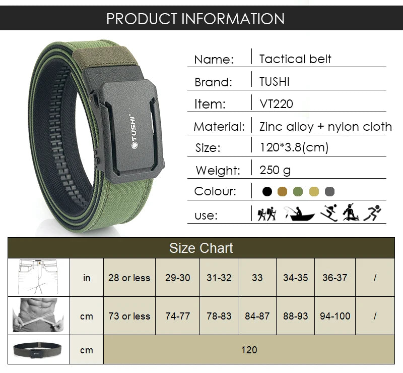 Ceinture tactique pour homme TUSHI VT220 – Nylon 1100D renforcé avec boucle automatique en alliage de zinc, réglable sur 120 cm, pour usage militaire et extérieur