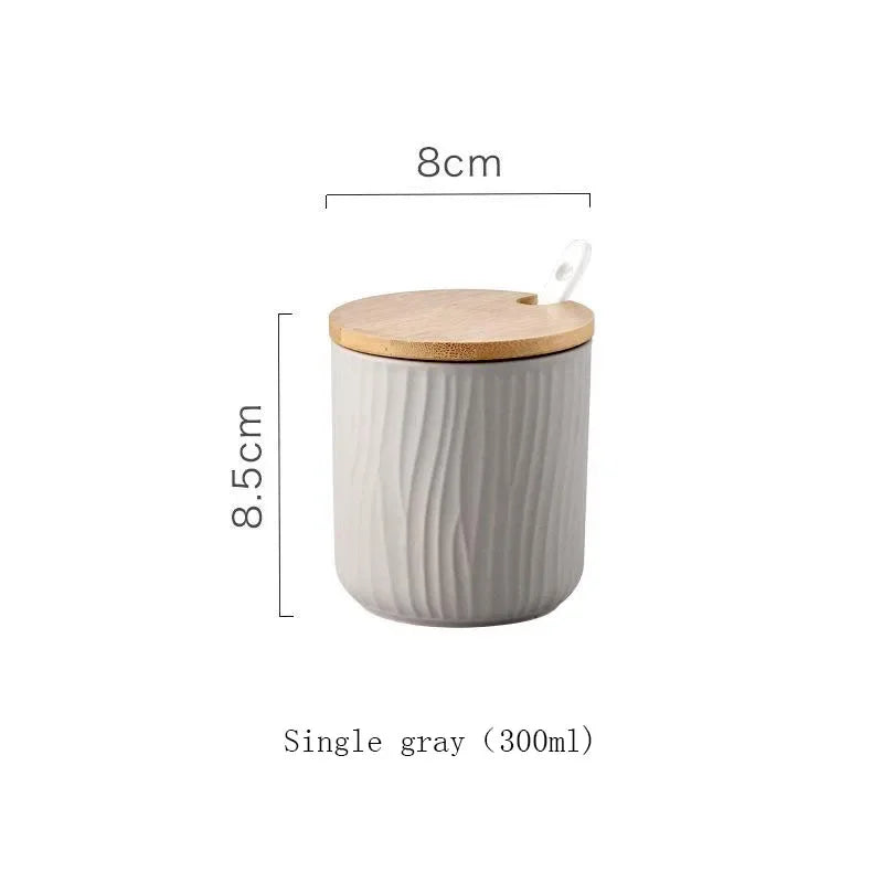 Conjunto Frasco de Temperos de Cerâmica com Tampa de Bambu e Colher – Design Nórdico 300ML