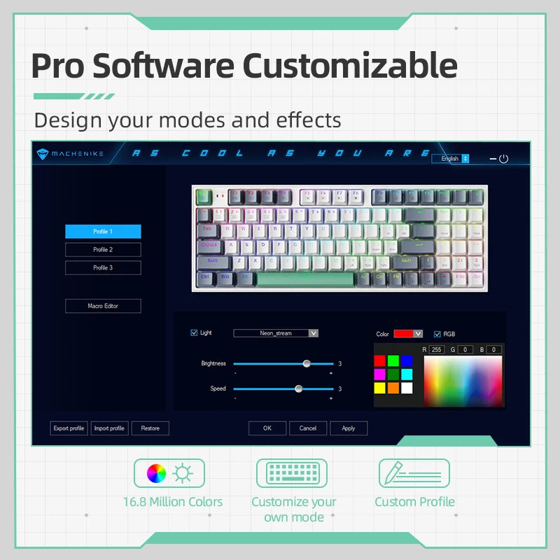 Teclado Mecânico Machenike K500 com Fio – 94 Teclas, Hot Swappable, Iluminação RGB, Compatível com Windows e Mac