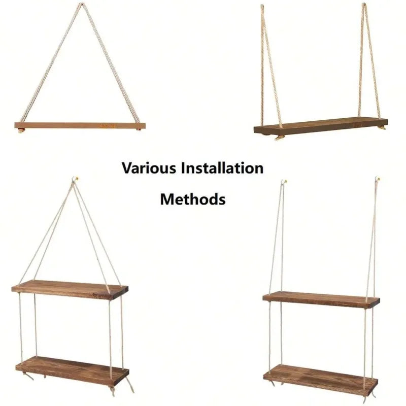 Prateleira Suspensa de Madeira com Corda Boho – Estilo Rústico para Quarto, Sala e Banheiro | 35x14cm