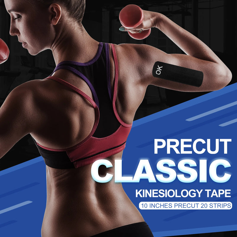 Fita de Cinesiologia 5cm x 5m com 20 Tiras Pré-Cortadas – Bandagem Elástica Sem Látex para Joelhos, Ombros e Músculos | Fitness, Fisioterapia, Esportes