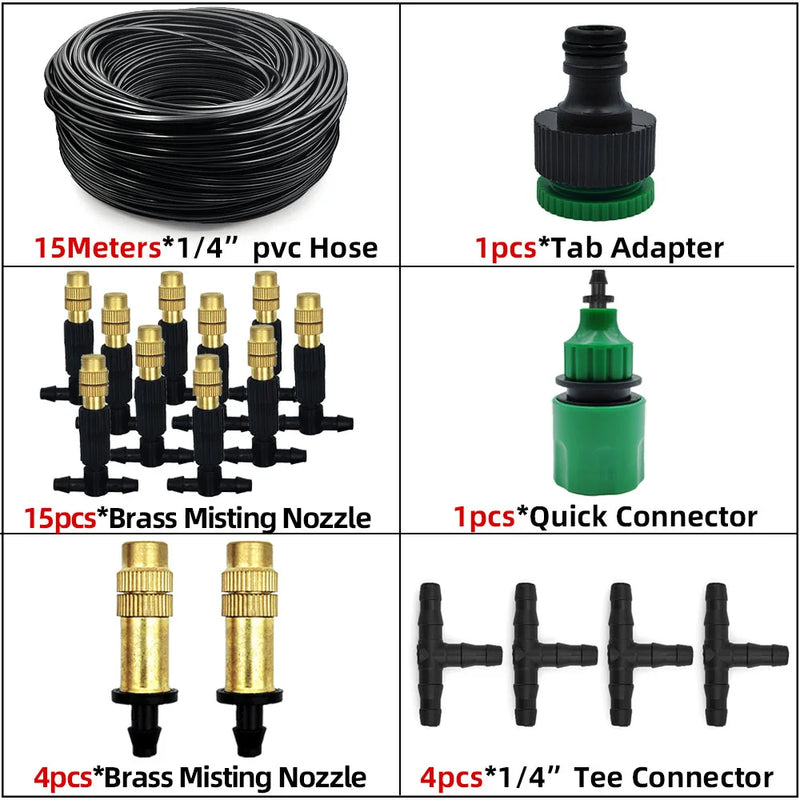 Sistema de Nebulização para Jardim 5–30m | Mangueira 1/4", Bicos de Bronze, Refrigeração e Irrigação para Estufas, Pátios e Áreas Externas