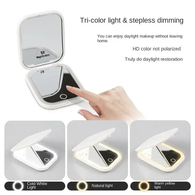 Espelho de Maquiagem de Bolso com LED e Aumento 2X | Compacto, Portátil, Dobrável | Para Bolsa, Viagens e Presentes Femininos