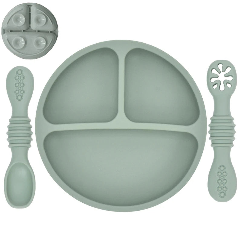 Ensemble en silicone pour enfants : assiette, cuillère à riz et bol avec ventouse et design amusant