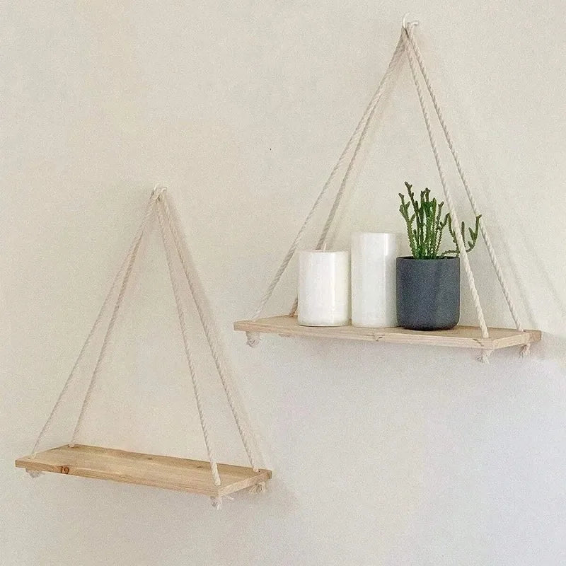 Prateleira Suspensa de Madeira com Corda Boho – Estilo Rústico para Quarto, Sala e Banheiro | 35x14cm