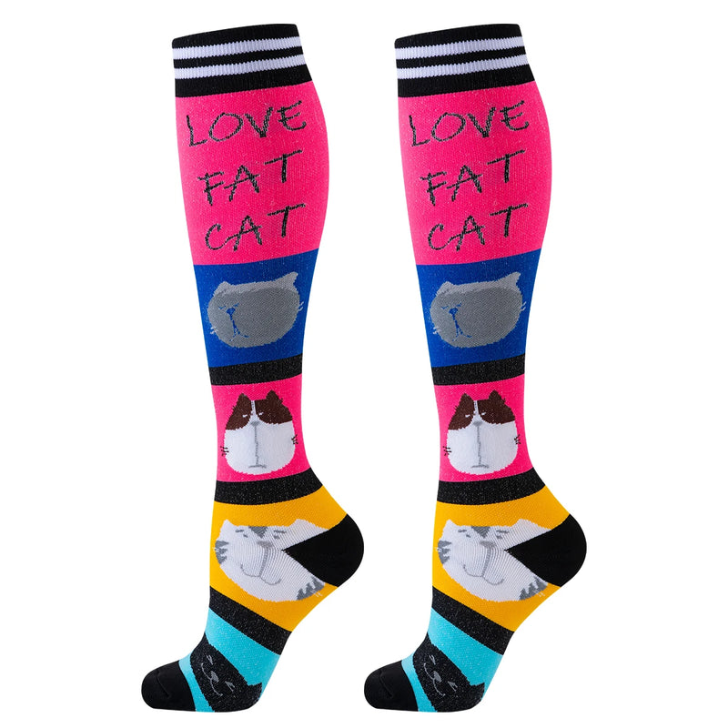 5 Pares de Meias de Compressão Unissex Estampa de Gato – Alta Compressão para Esporte, Viagem, Enfermagem e Uso Diário