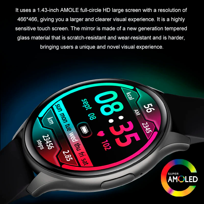 Smartwatch 1,43” AMOLED HD 2025 – Ligações Bluetooth – Compatível com Xiaomi Huawei – Masculino e Feminino