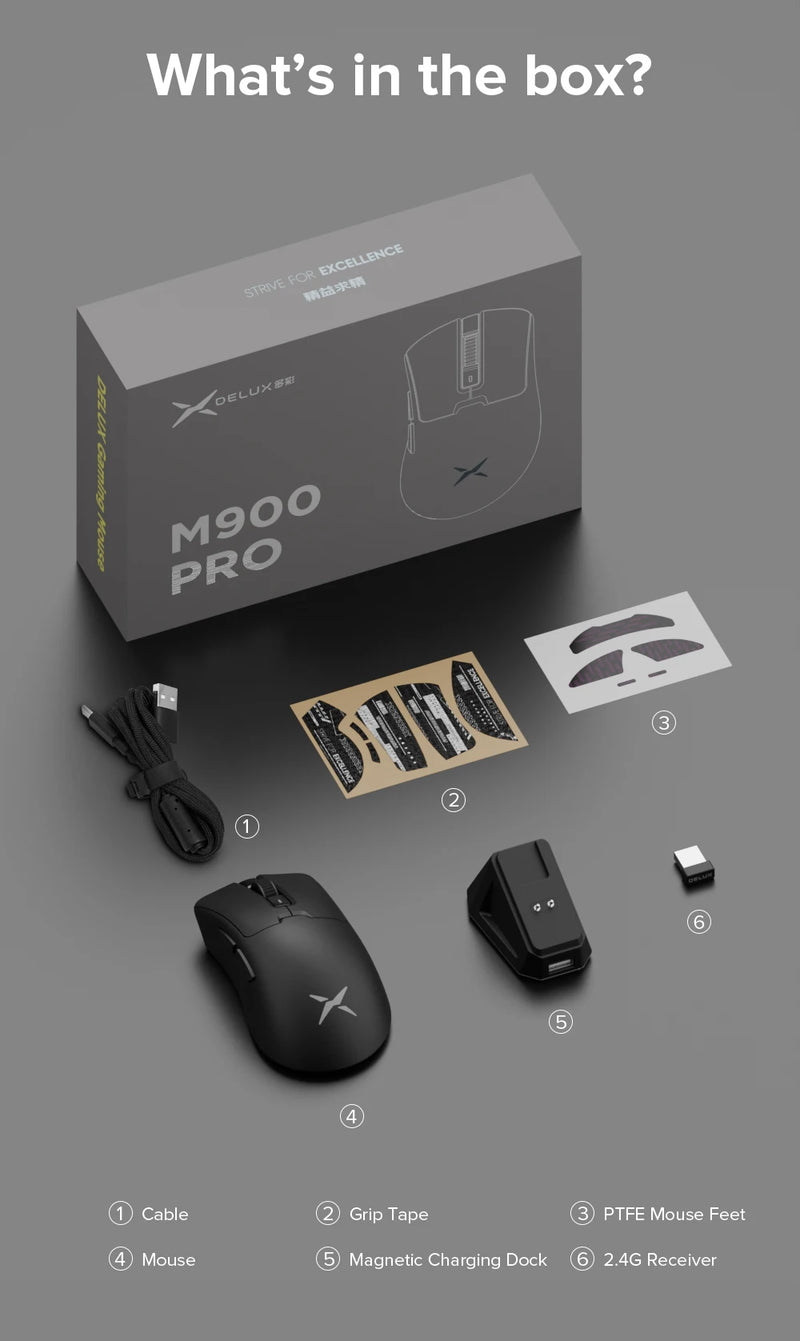 Souris de jeu Delux M900Pro | 8000 Hz | Capteur PAW3395 | Sans fil | 63 g ultra léger | Station d'accueil magnétique | RGB ergonomique pour main droite | Joueur sur PC