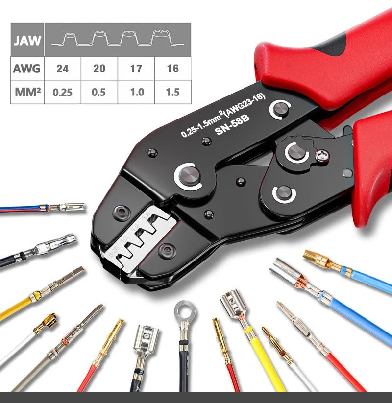 Alicate de Crimpagem SN-58B para Terminais Dupont, Molex, JST e SATA | 23-16 AWG (0,25-1,5mm²) | Barril Aberto Não Isolado