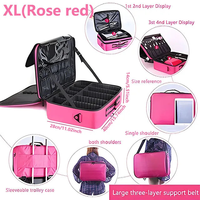 Estojo de Maquiagem Profissional com Grande Capacidade | Organizador Feminino Portátil para Viagem, Cosméticos e Esmaltes