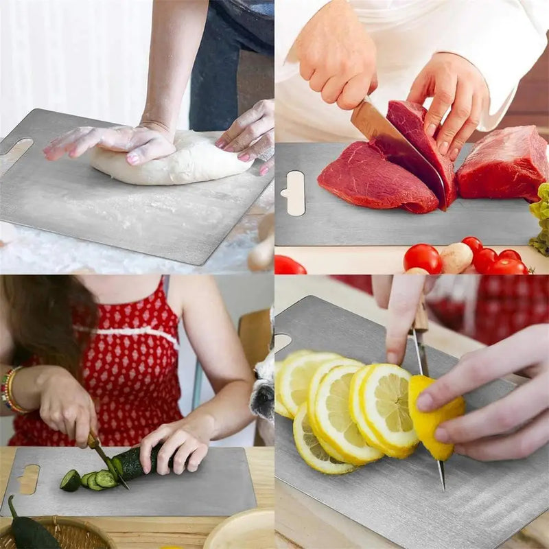 Tábua de Corte de Titânio Inoxidável Dupla Face – Resistente ao Calor, Higiênica e Portátil para Frutas, Carnes e Massas
