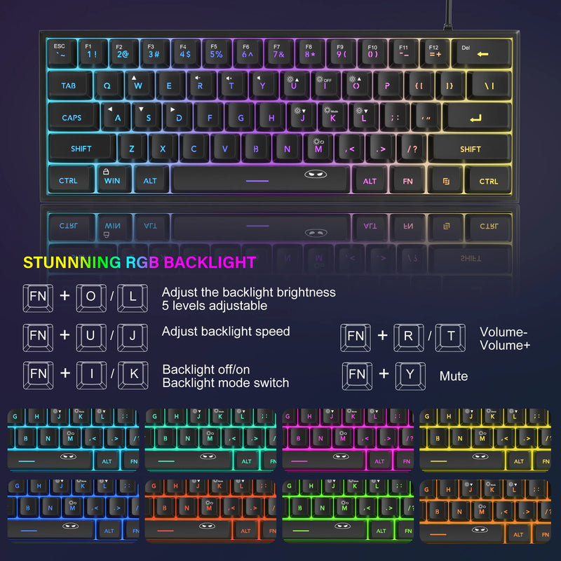 Clavier de jeu MageGee TS91 | 60 % Mini RVB | 61 touches | Sensation mécanique | Ergonomique et résistant à l'eau | Idéal pour les jeux et le bureau