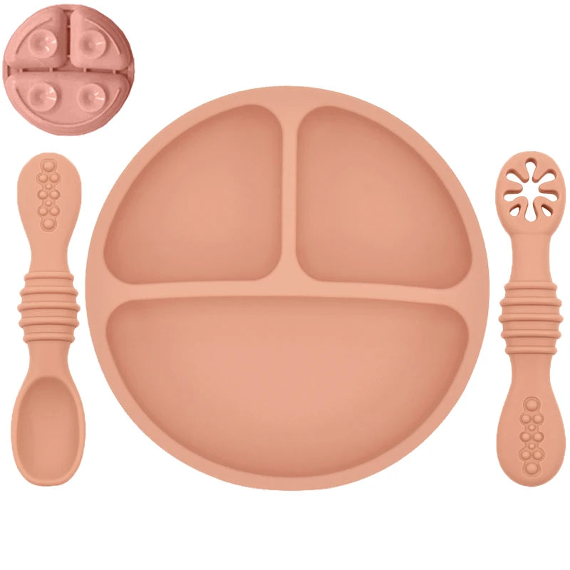 Ensemble en silicone pour enfants : assiette, cuillère à riz et bol avec ventouse et design amusant
