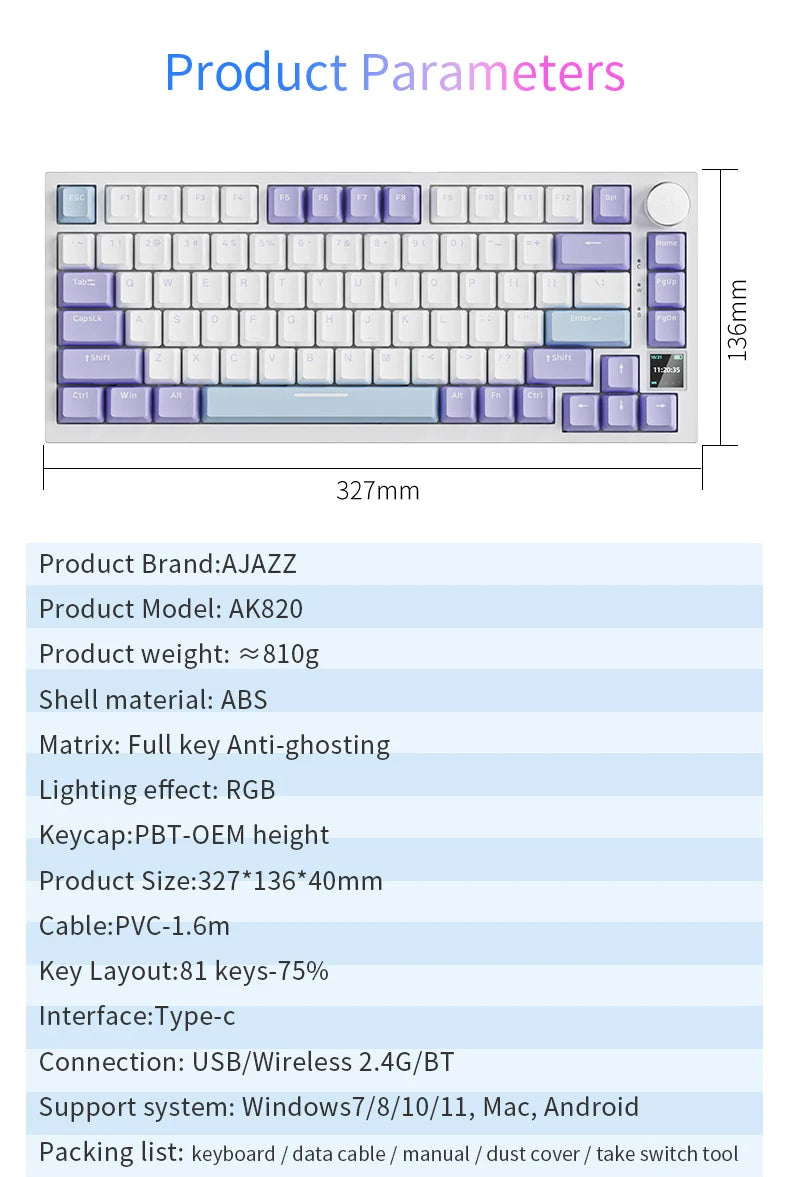 AJAZZ AK820 Pro Mechanical Gaming Keyboard | TFT Screen + Multifunctional Button | RGB | 2.4GHz, Bluetooth and USB Connection | Ideal for PC, Games and Office